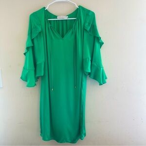 Alice & Trixie 100% Silk Green V-Neck Ruffle Sleeve Dress Size S